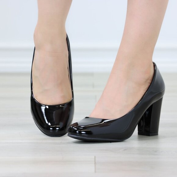 Shoes - Classic Black Patent High Heel Slip On Round Toe Block Pumps